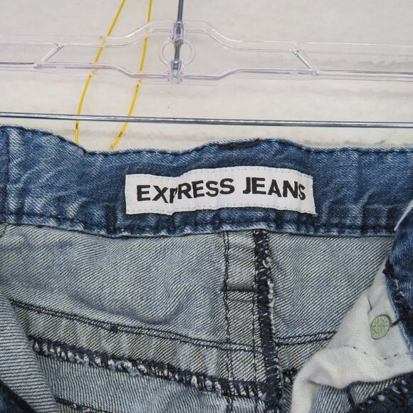 Express Rocco Jeans Mens Size 30 x 32 Distressed Bootcut Blue Denim Button Flap - Picture 5 of 11